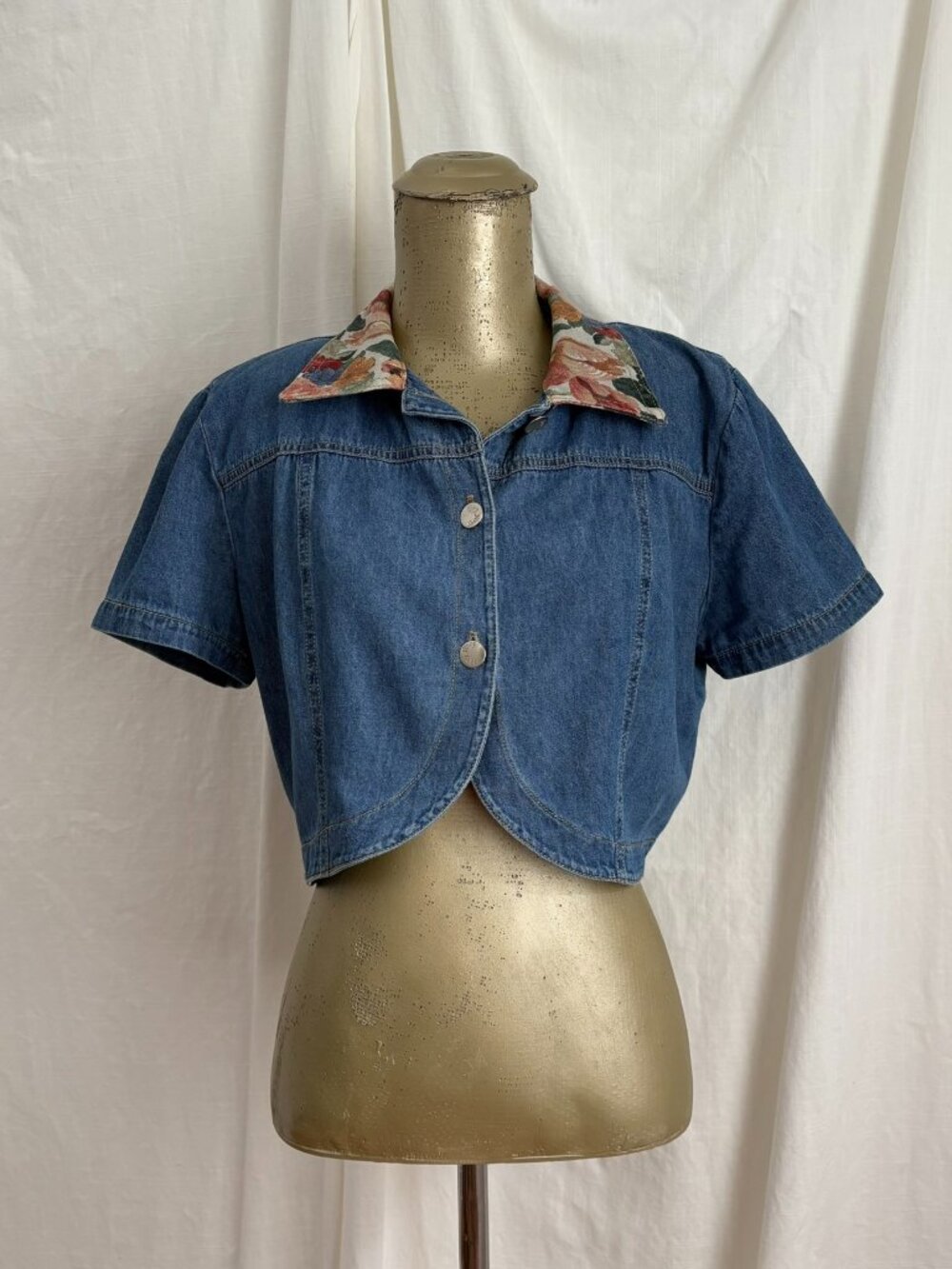 Vintage 90s Paris Blues Cropped Denim Jacket Floral Collar S Cottagecore Whimsy